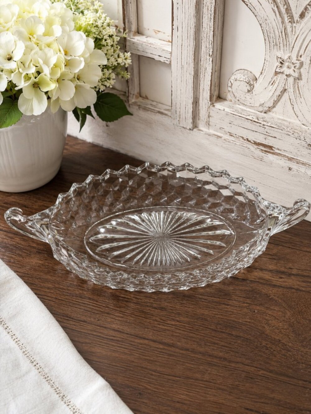Vintage Clear Pressed Glass Double Handle Relish Candy Dish 11.75" MCM Decor